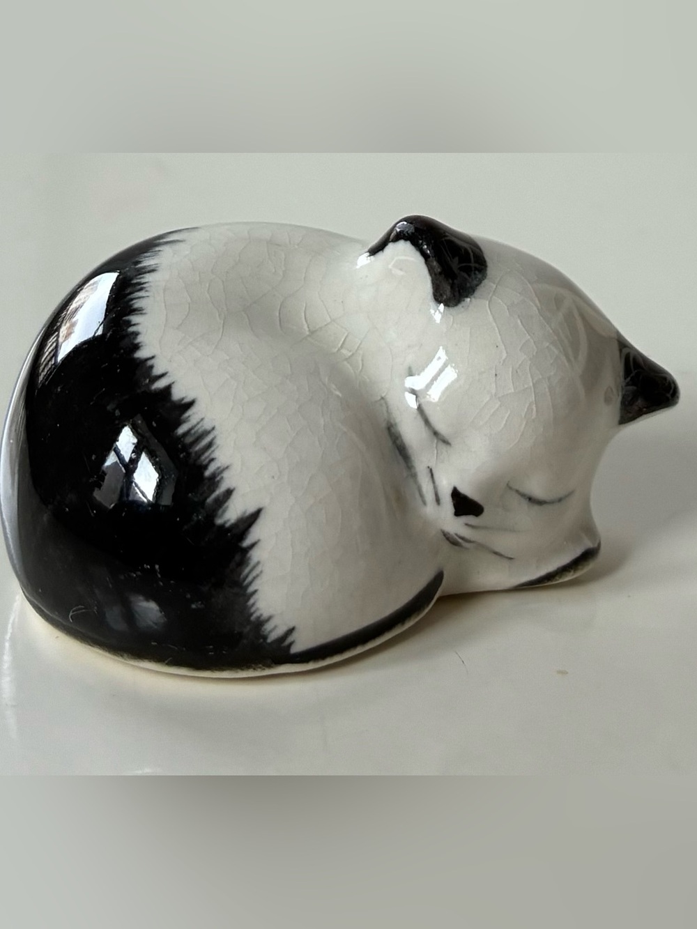 Vintage Mini Black & White Ceramic Sleeping Cat Small Pet Miniature Figurine